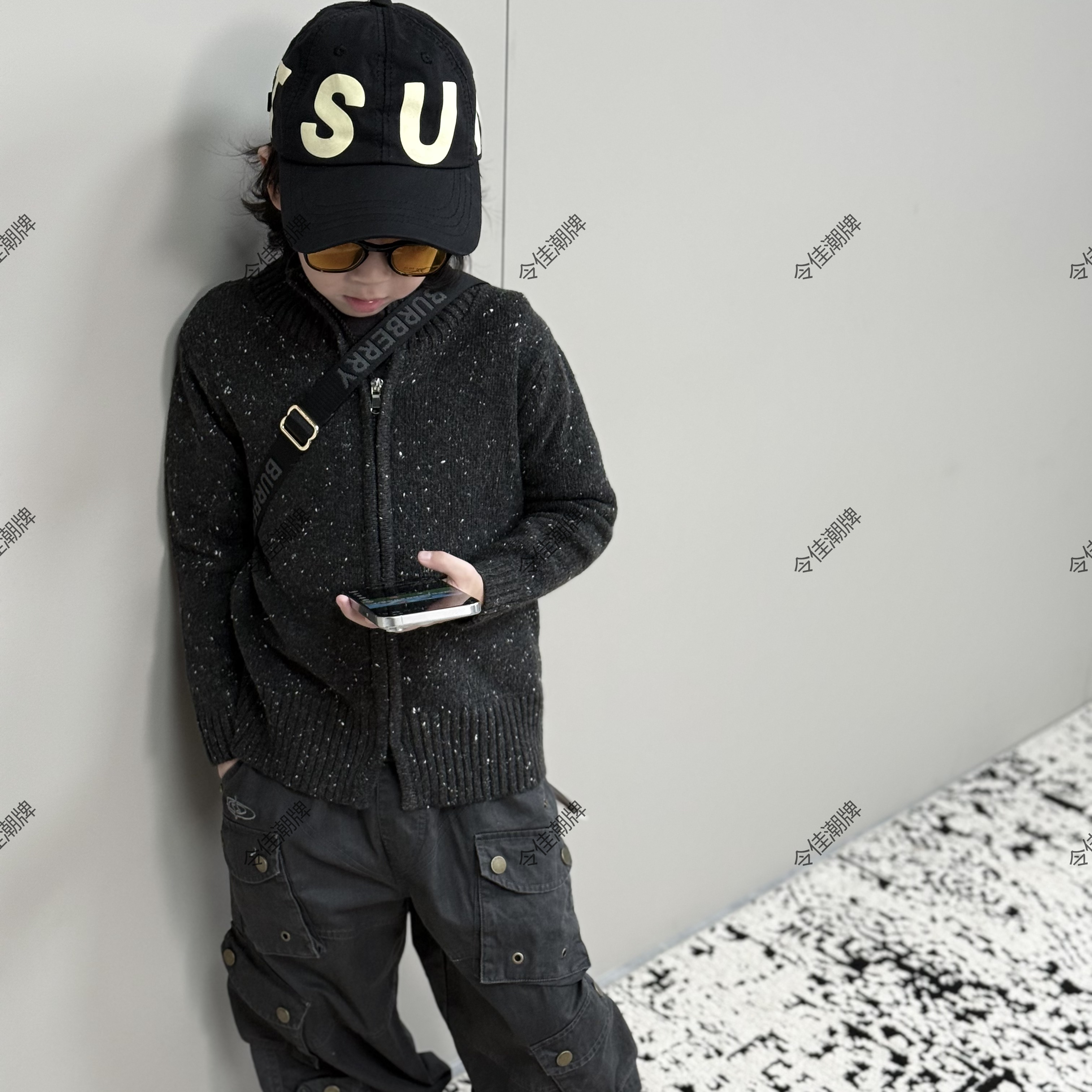 现 令佳潮牌秋季儿童灰色针织拉链开衫3115