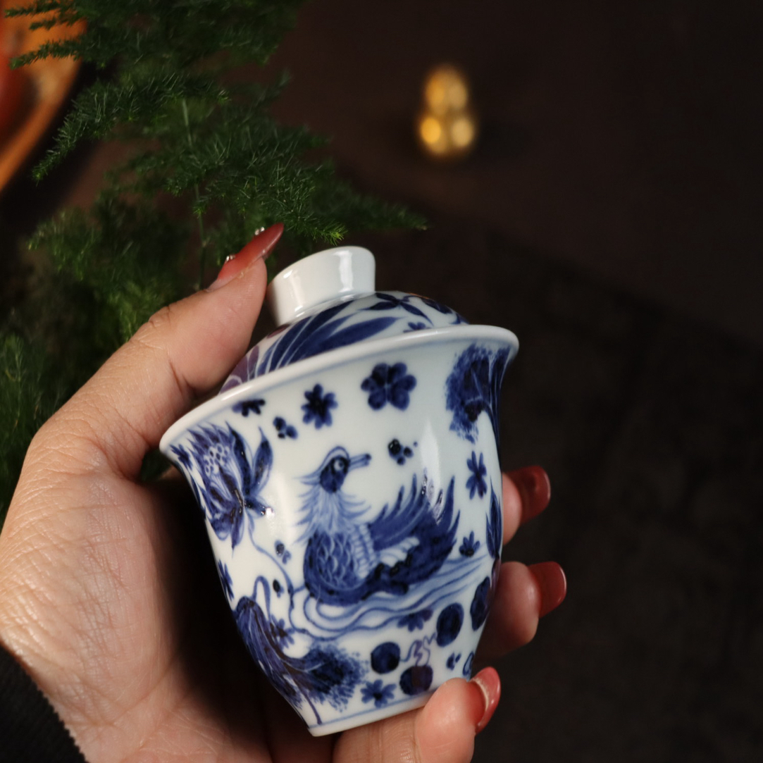 幽蓝溪堂 景德镇陶瓷全手工手绘 仿元青花鸳鸯盖碗