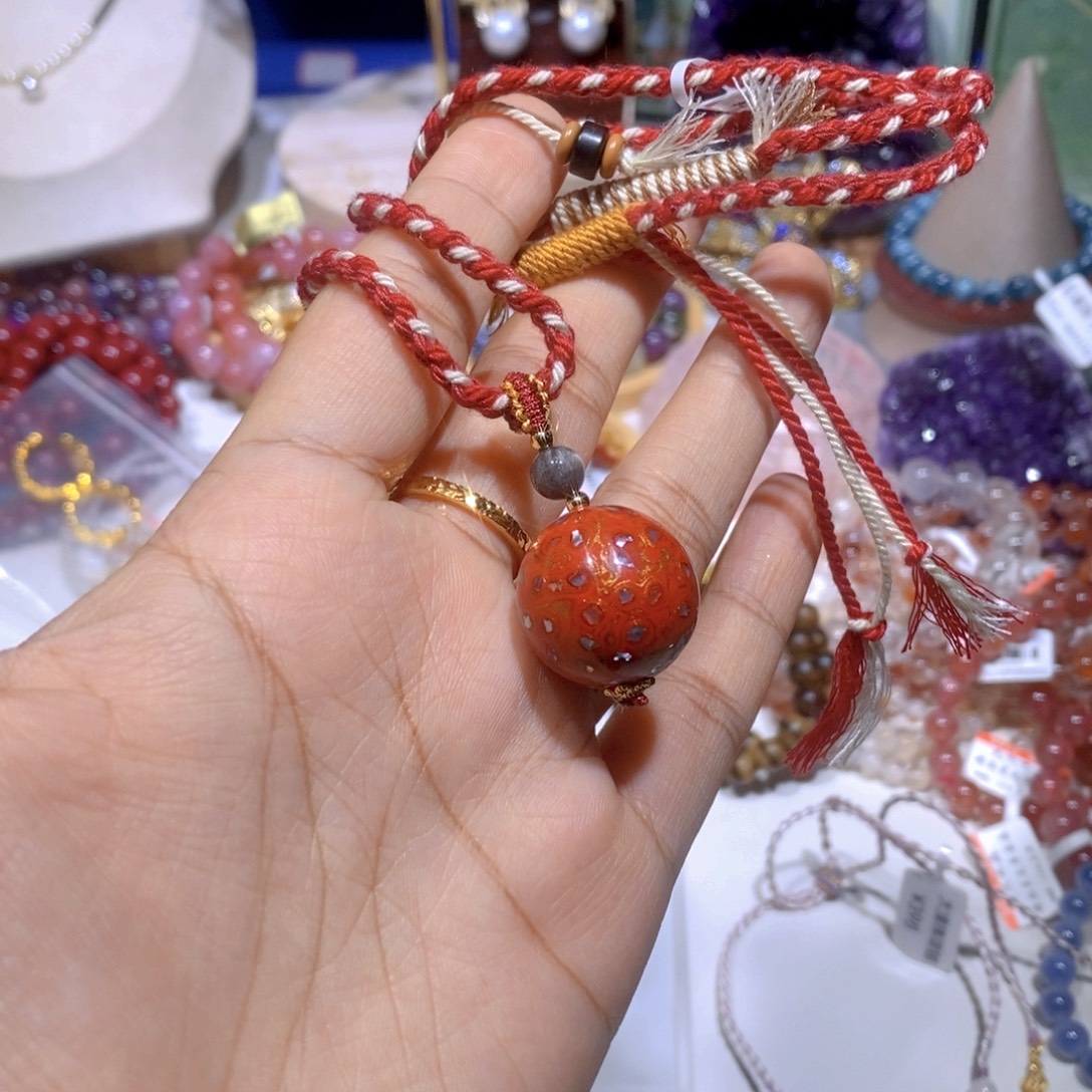 颈饰未镶嵌水晶红色圆珠编织绳项链
