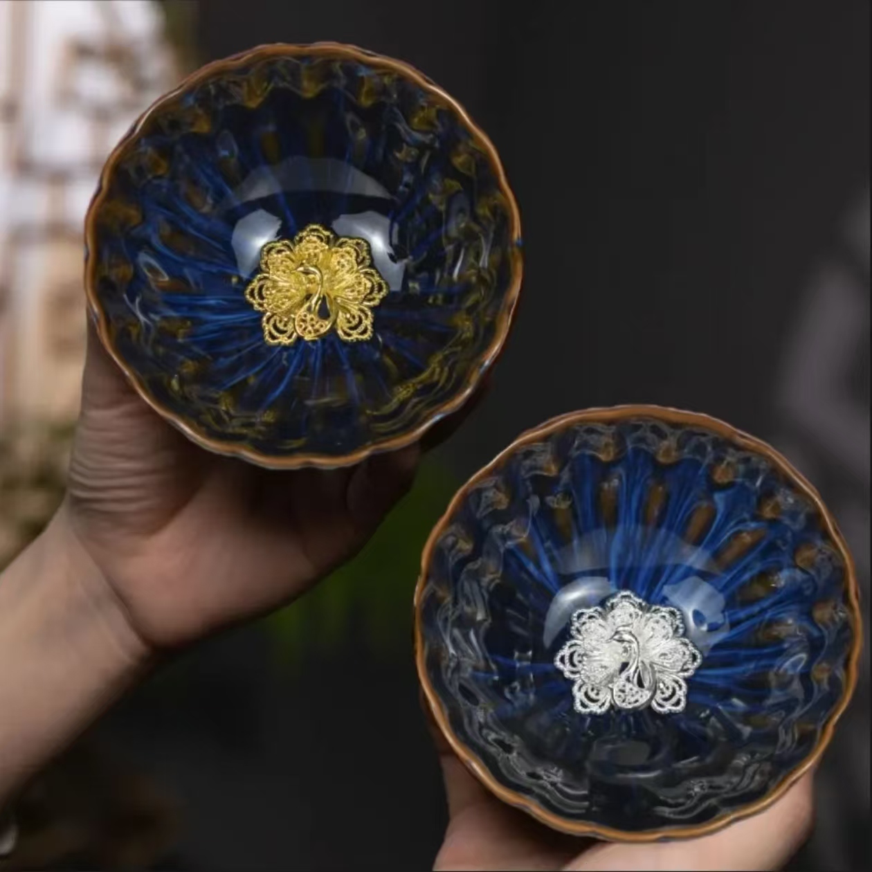 窑变金银孔雀对杯 手工陶瓷主人杯