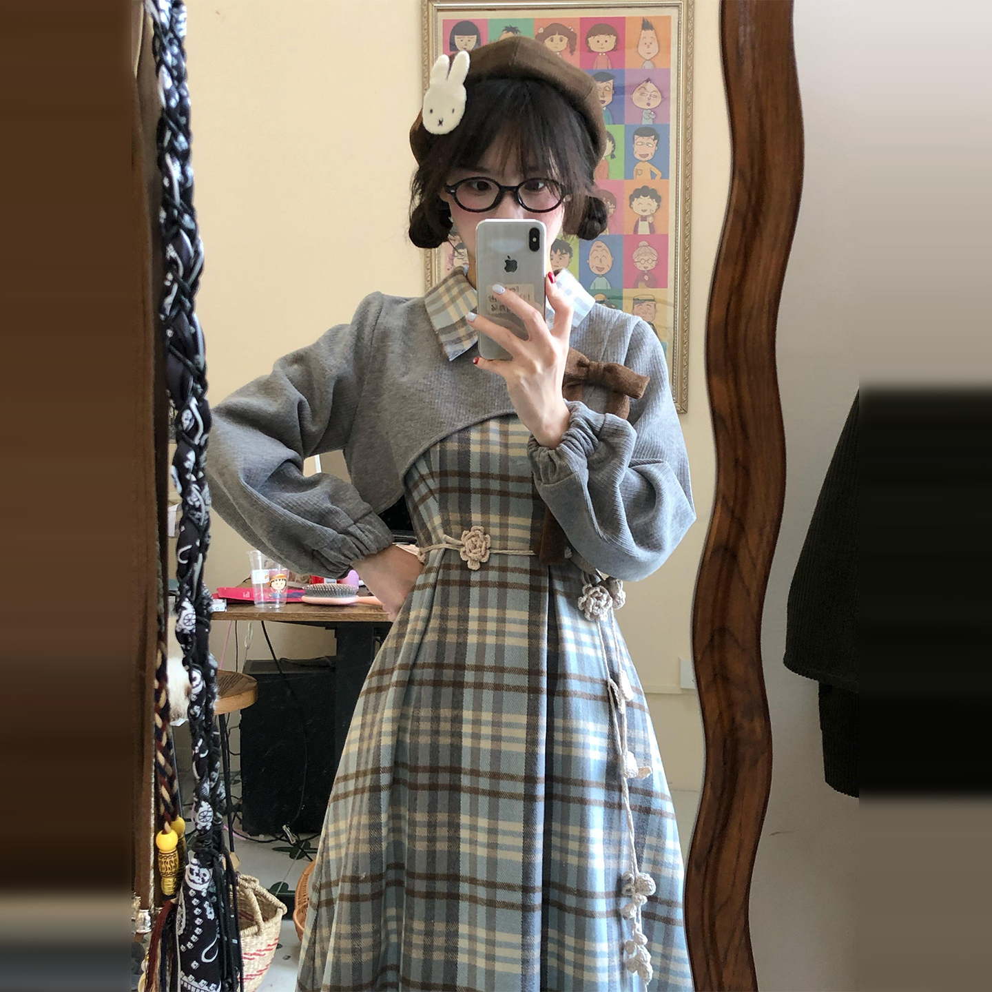 日系复古蓝色polo领连衣裙子女秋冬内搭冬装一整套装长裙9167