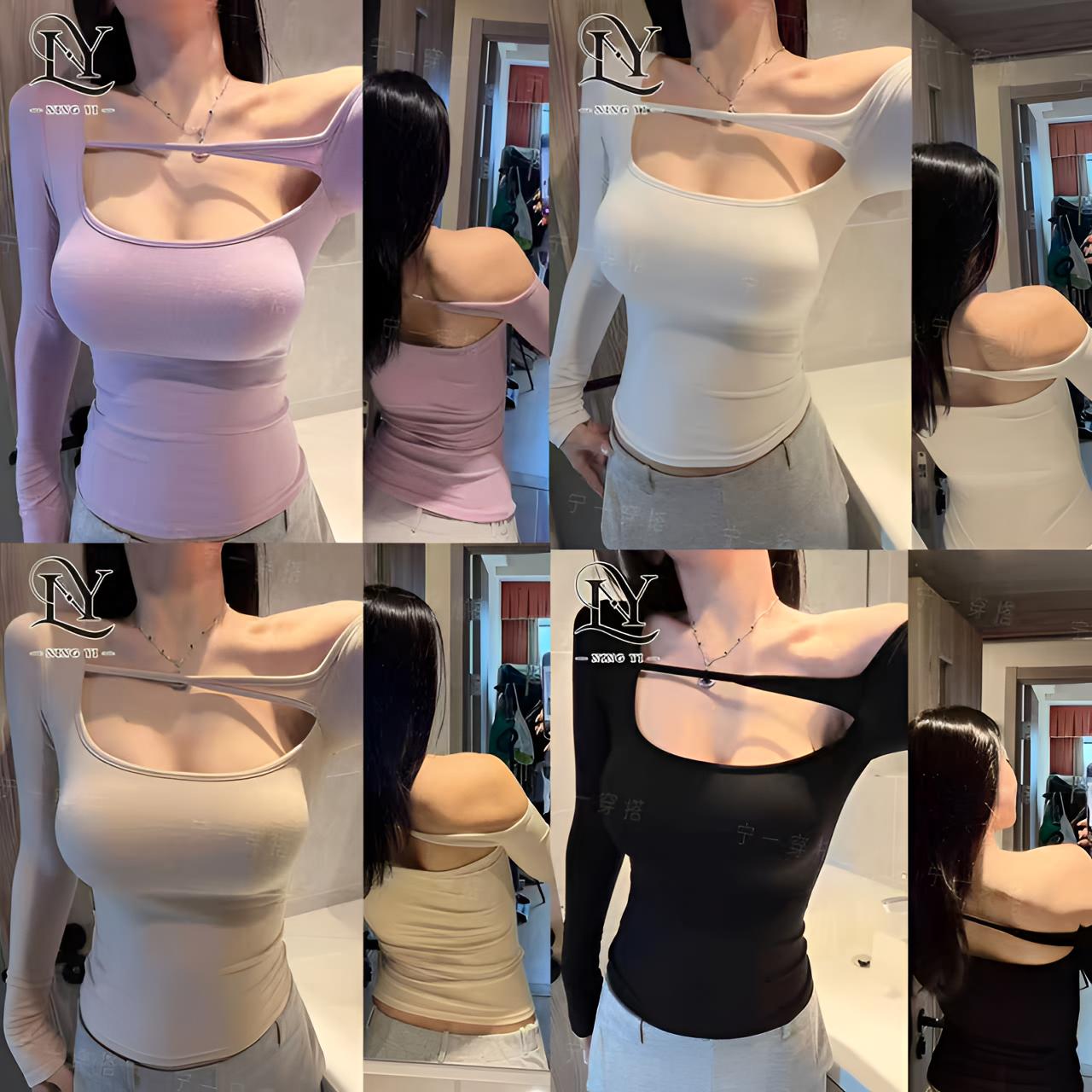 NY7112秋冬2025新款性感长袖T恤带橡皮筋低胸露锁骨收腰显瘦上衣