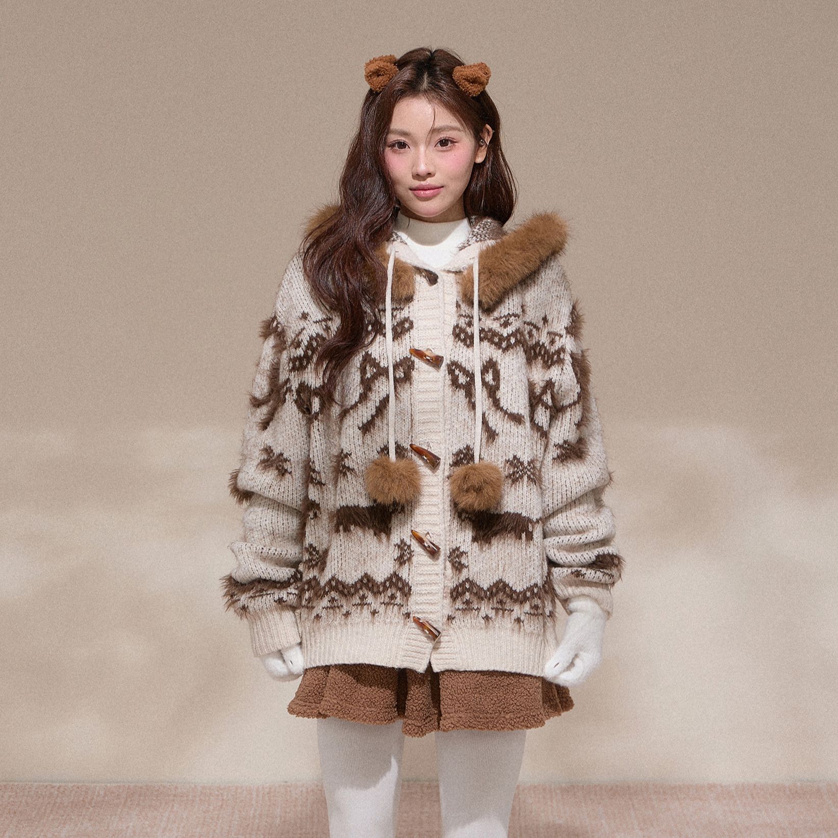 NCXK-重磅冬季蝴蝶结提花大毛领毛衣外套开衫保暖900克重MY25157