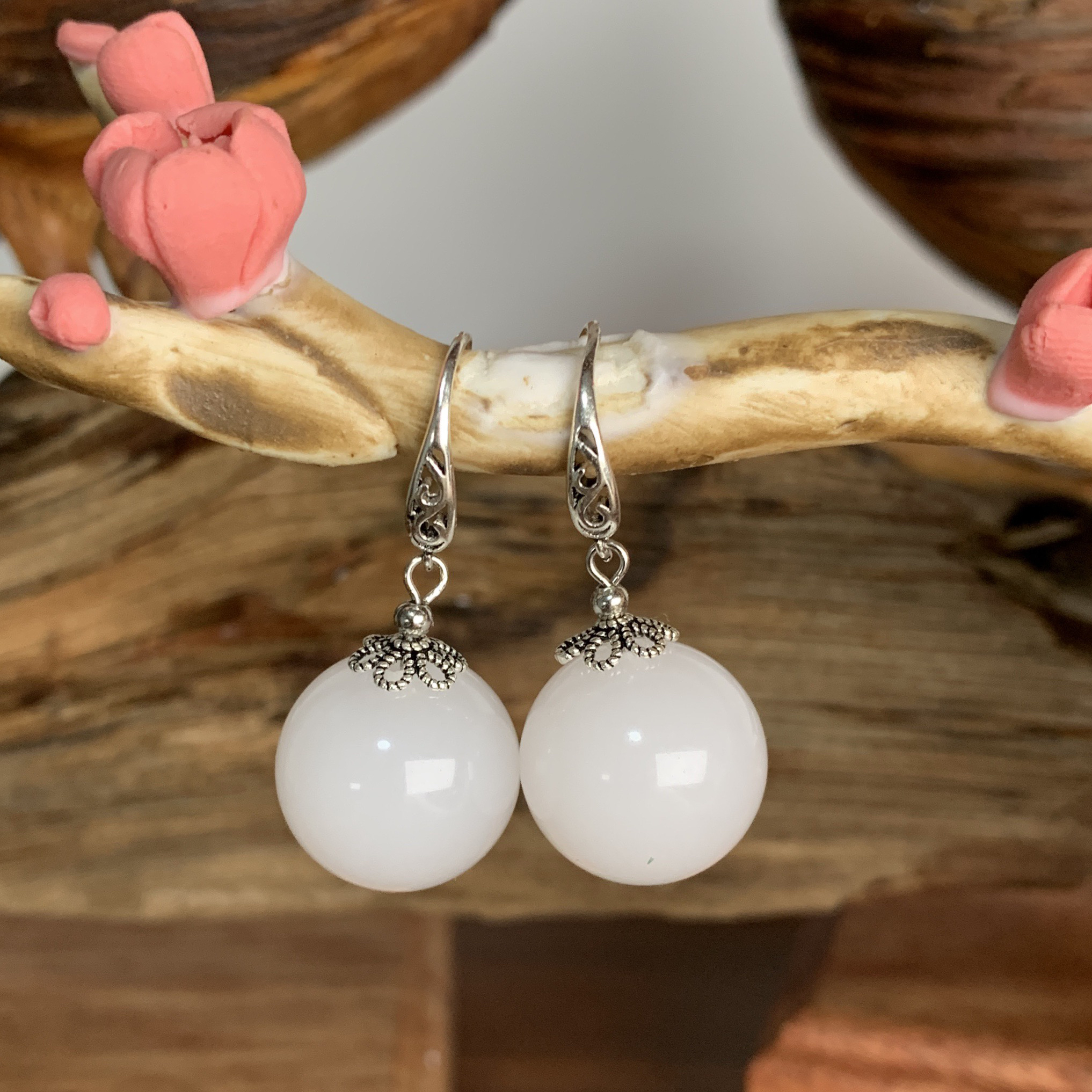 金丝玉卡16mm左右圆珠s925银耳环银耳钩耳饰