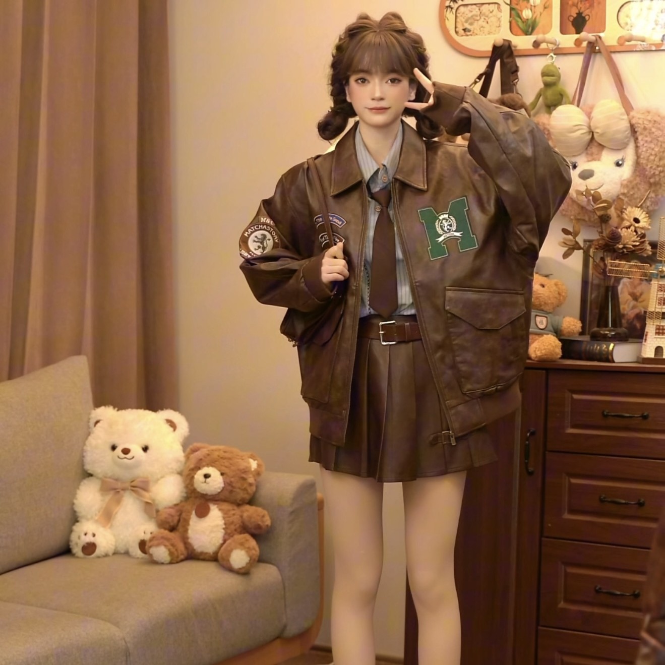 佳佳啊抹茶故事刺绣翻领皮衣外套美式飞行员夹克男女秋冬季潮牌