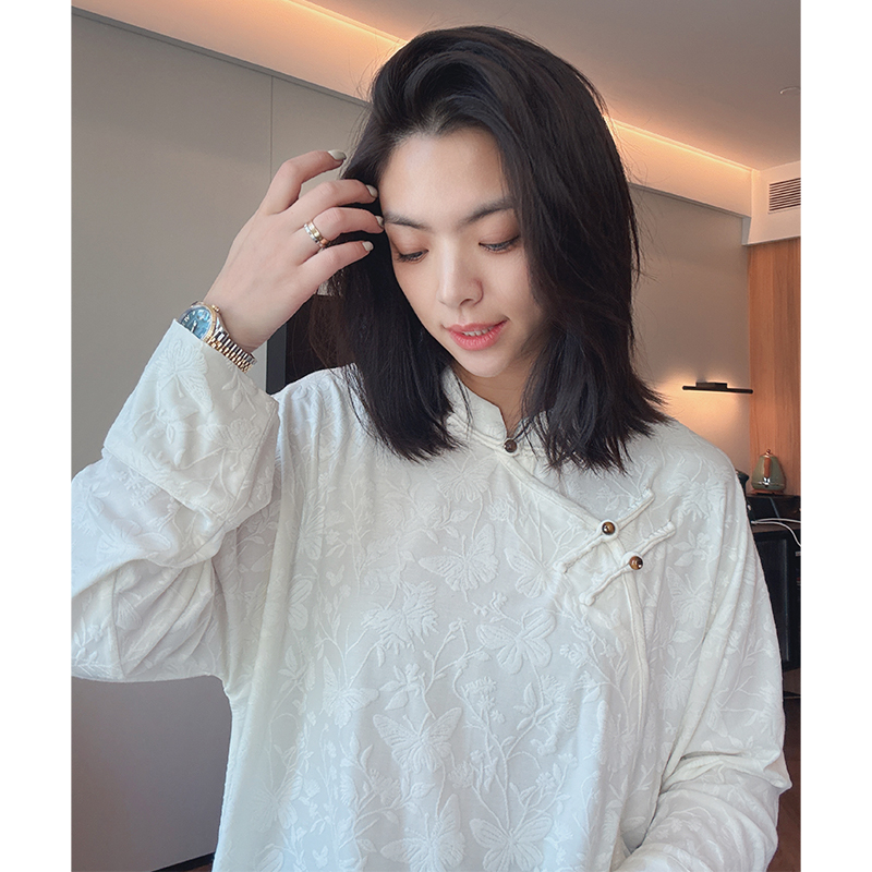 【美美新中式】新款气质花纹浮雕小衫轻奢时尚重磅复古百搭上衣6823