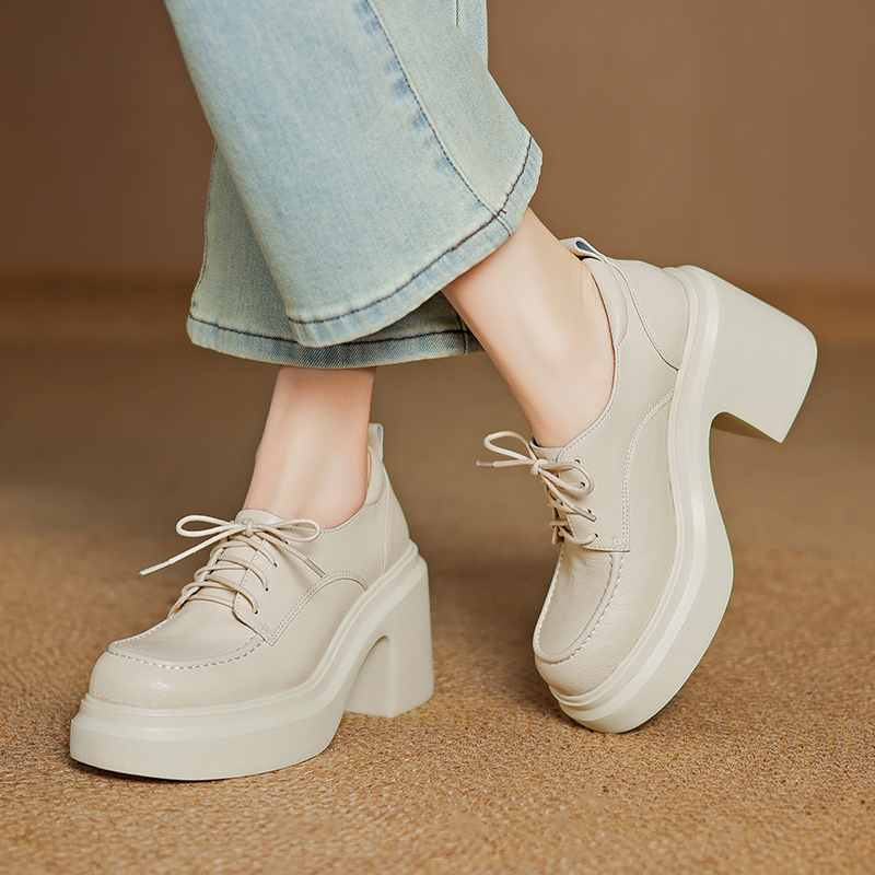 头层羊皮/增高10cm小个子增高显瘦系带乐福鞋宽胖脚厚底深口单鞋