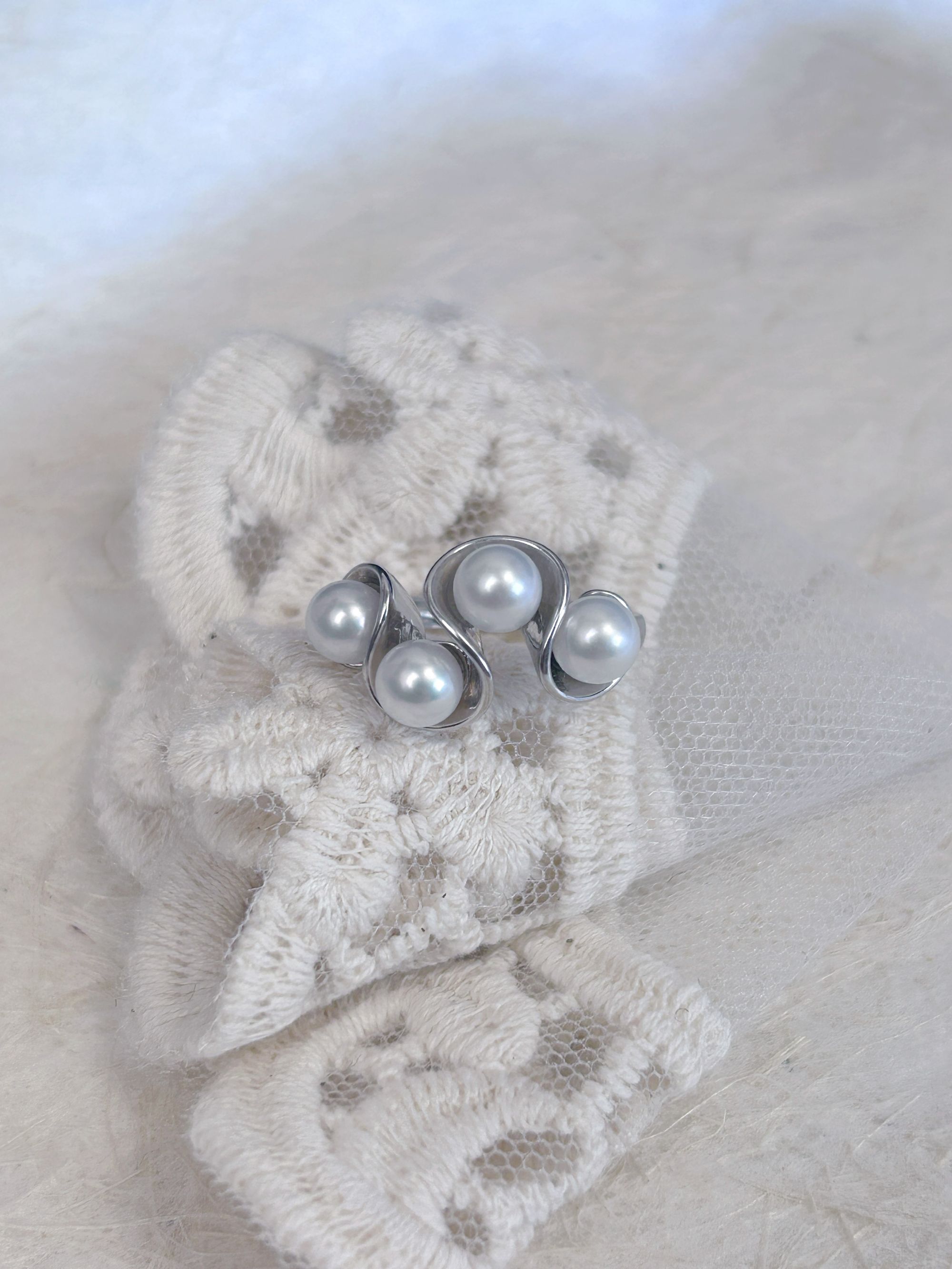 波浪戒指 淡水极光无瑕珍珠戒圈 s925银开口戒 时尚气质款