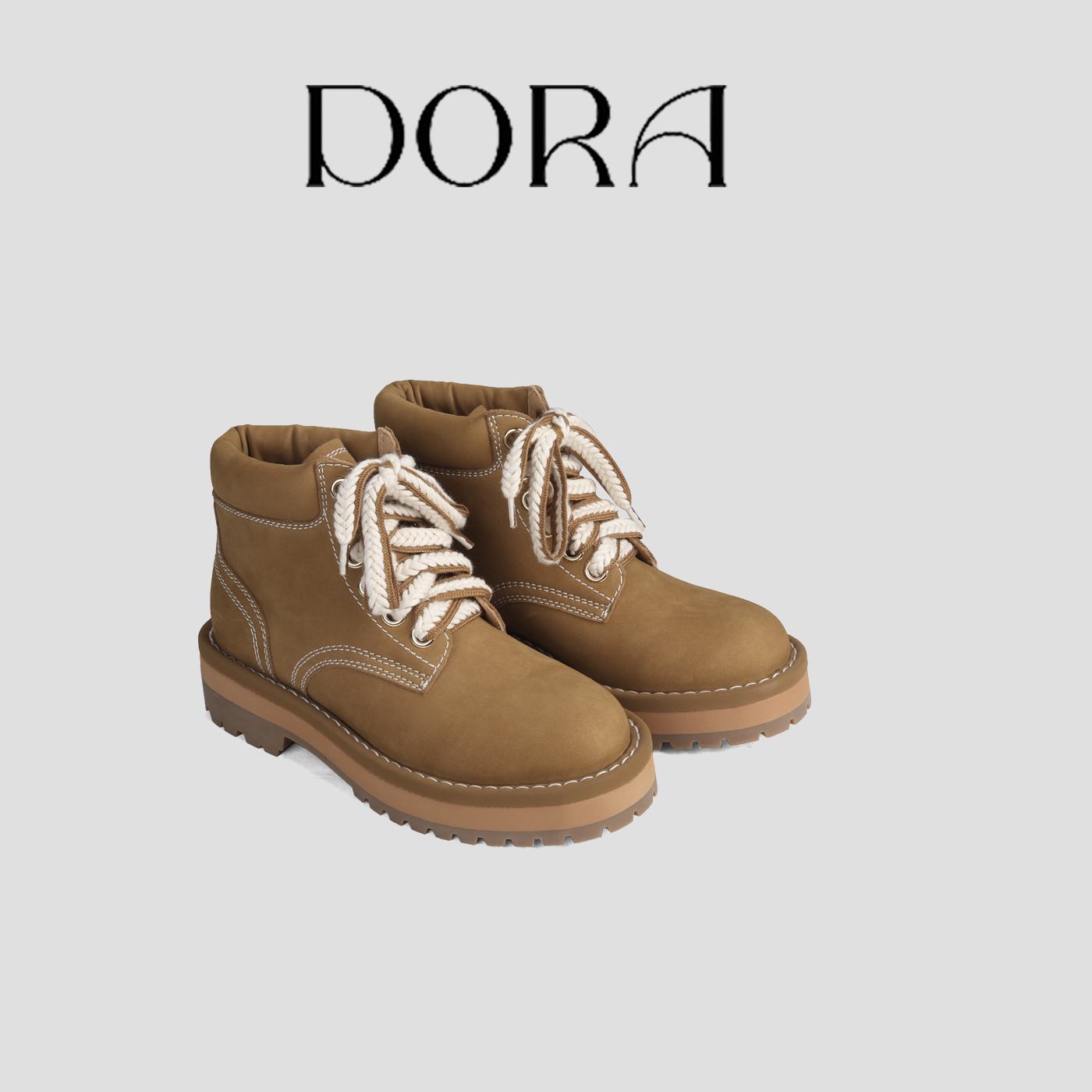 丨一朵丨圆头牛反绒马丁靴真皮秋冬厚底大黄靴女系带