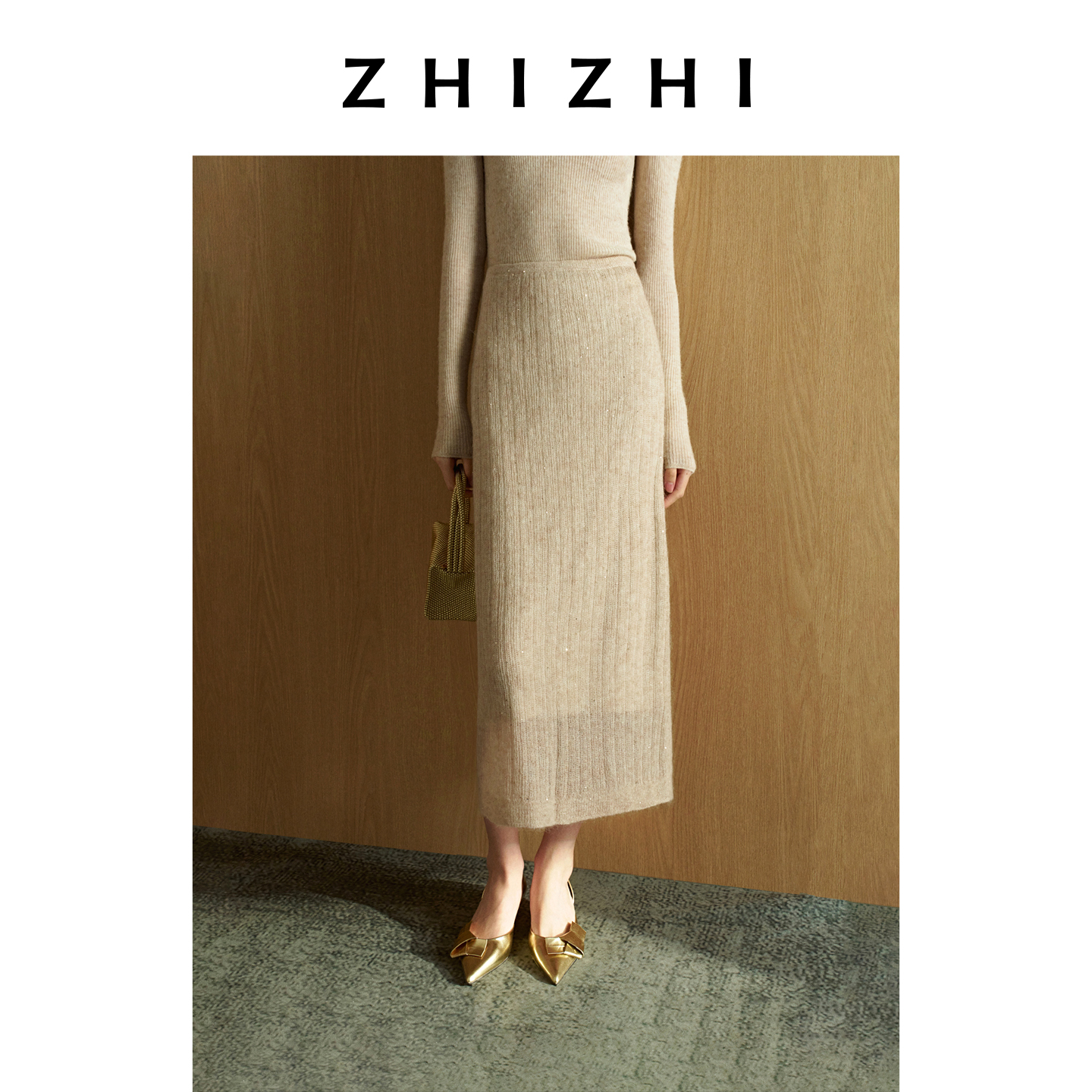 致知 清门引 马海毛珠片休闲女装直筒半身裙26春ZZ2FSKBS007