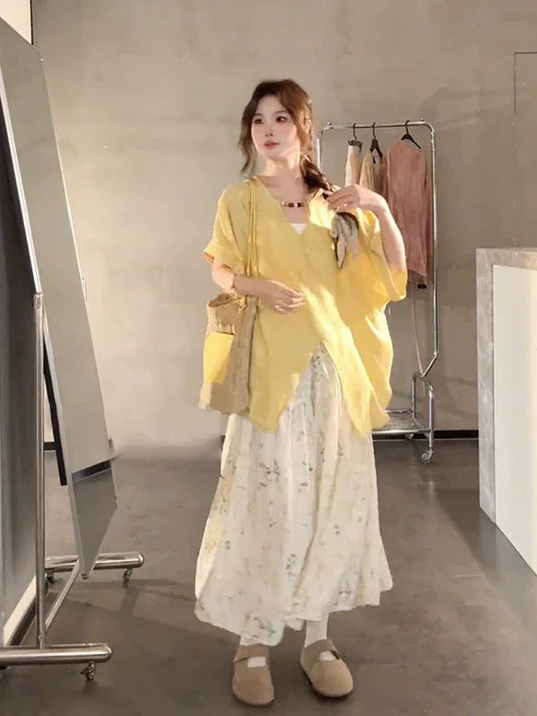 INS风夏装时尚套装通勤休闲风上衣洋气慵懒风套装黄色套装甜美