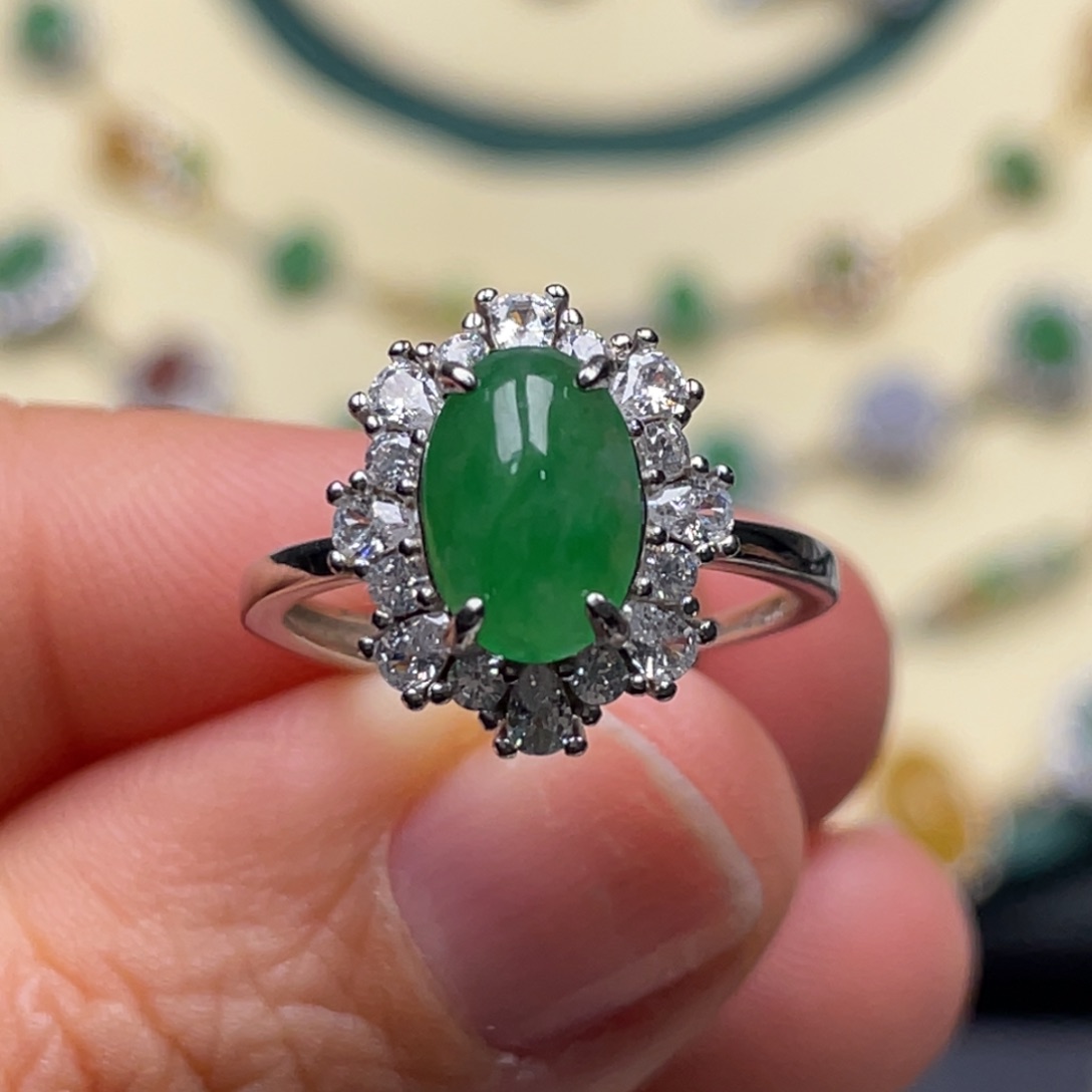 翡翠戒指银S925镶嵌纯天然缅甸翡翠