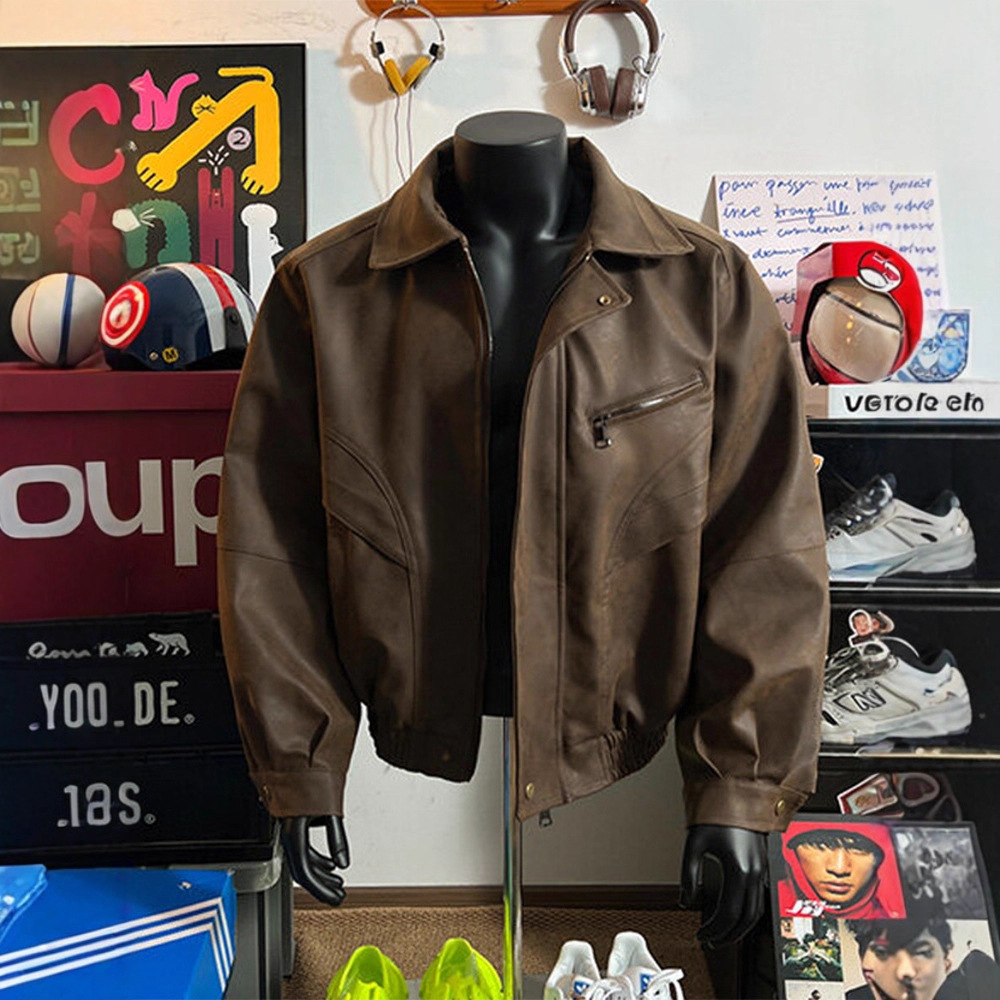 美式复古美拉德皮衣外套男款cleanfit翻领飞行夹克PU皮