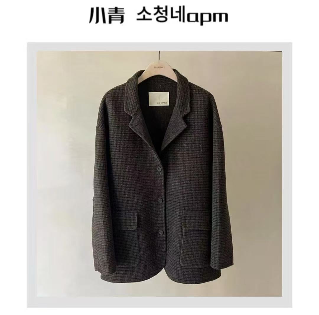 韩国东大门 SELF/翻领大口袋格子大衣