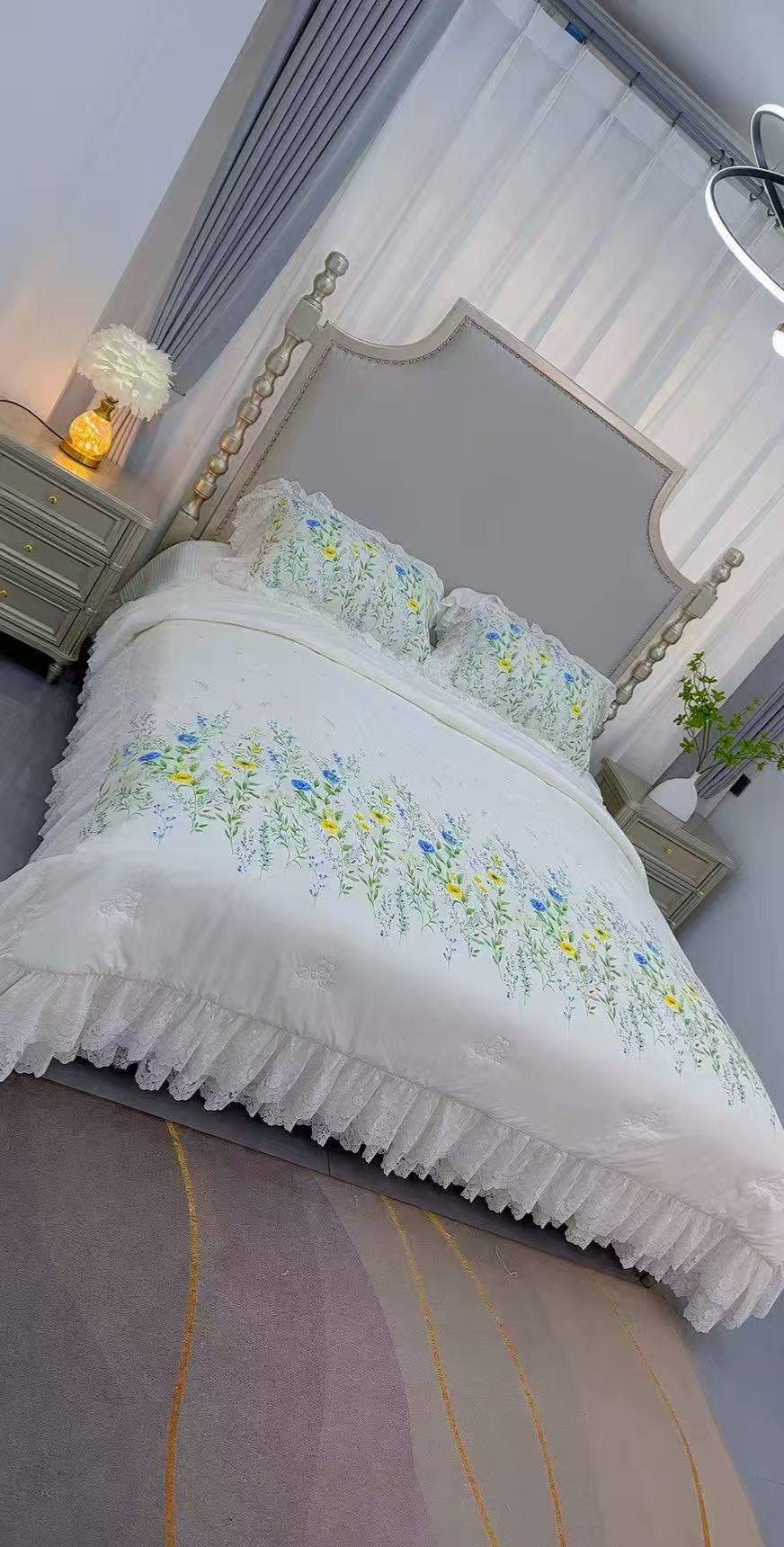 韩版蕾丝边莫代尔四件套碎花印花绗缝