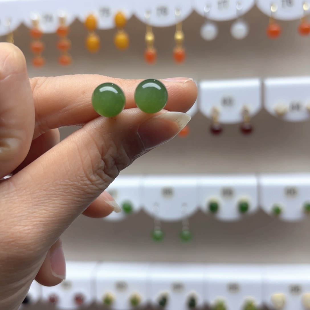 和田玉耳饰银S925镶嵌10mm