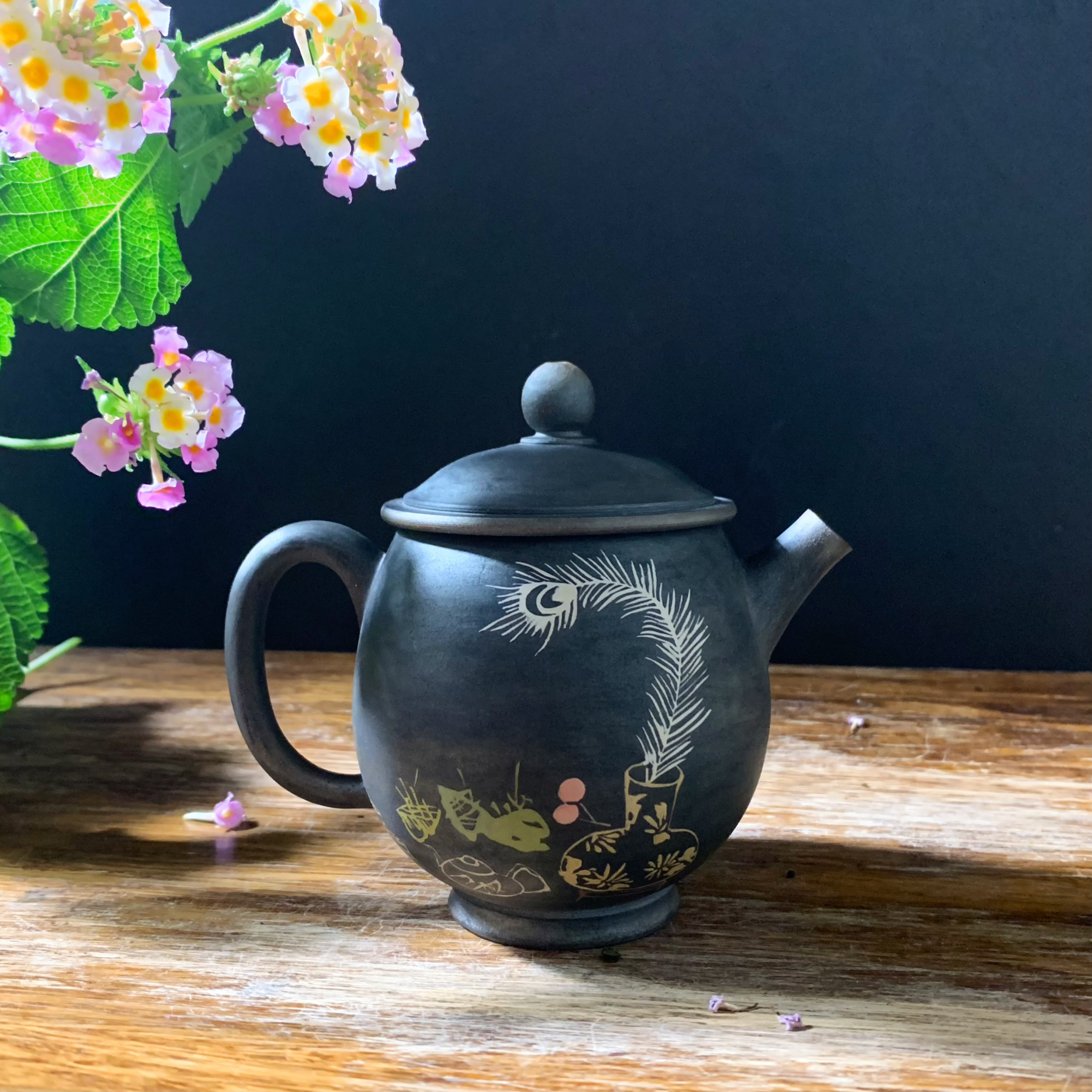 云南建水紫陶茶壶彩填青供泡茶壶复古手磨陶瓷壶家用功夫茶壶
