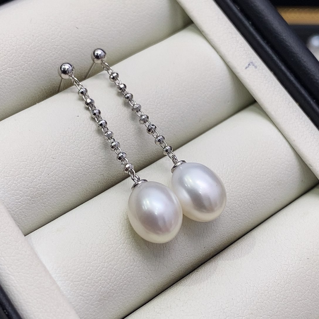 银S925镶嵌淡水珍珠耳饰厚银款8-9mm