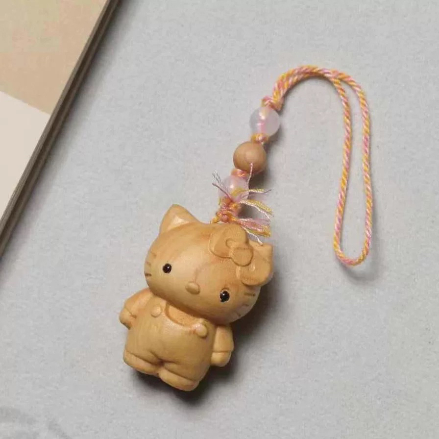 硬枫木雕刻可爱卡通凯蒂猫KT猫手机链手机挂件包包汽车钥匙扣挂件
