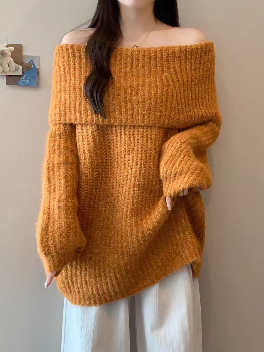 宽松慵懒风落肩袖女蝴蝶毛针织衫常规袖冬季包袖刺绣仿水貂绒保暖