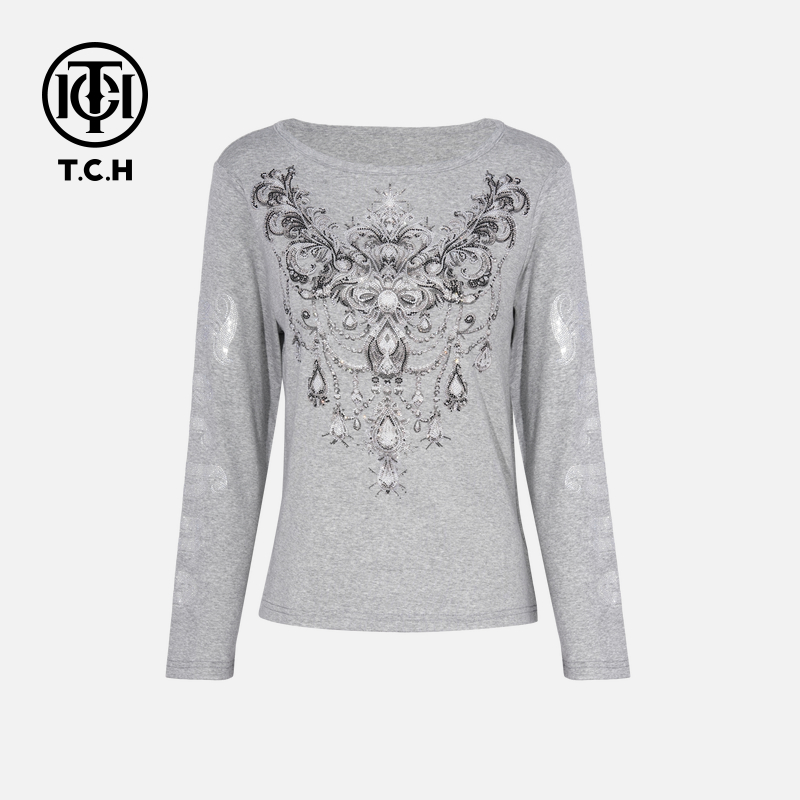 TCH轻奢烫钻工艺秋季时尚百搭圆领长袖t恤T75C08E9025私服tch
