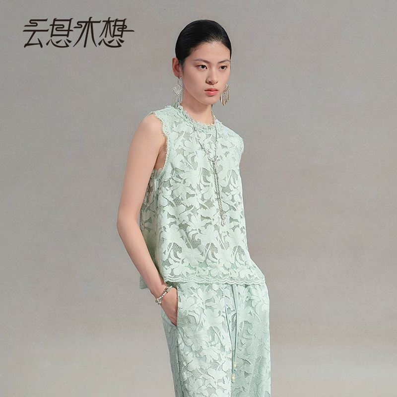 Ysimo-X云思木想 青青子衿 中式圆领植物染蕾丝花卉女士上衣14984