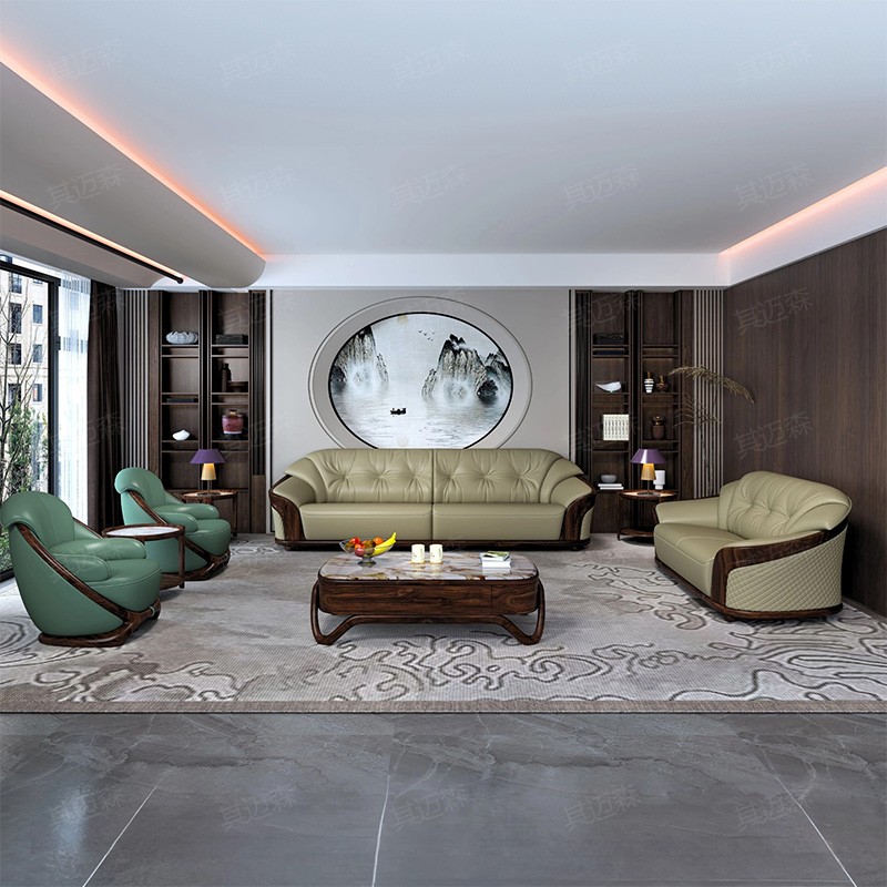 其迈森乌金木头层牛皮中式沙发黑胡桃色意式简约轻奢别墅客厅实木