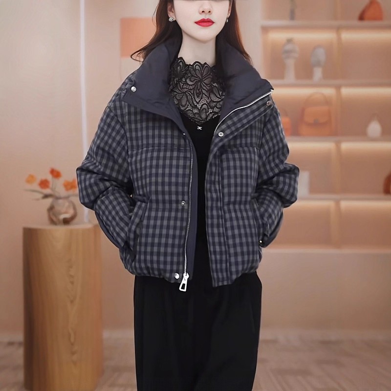 2025年冬季新款气质时尚百搭保暖加厚短款格子羽绒服M-3XL