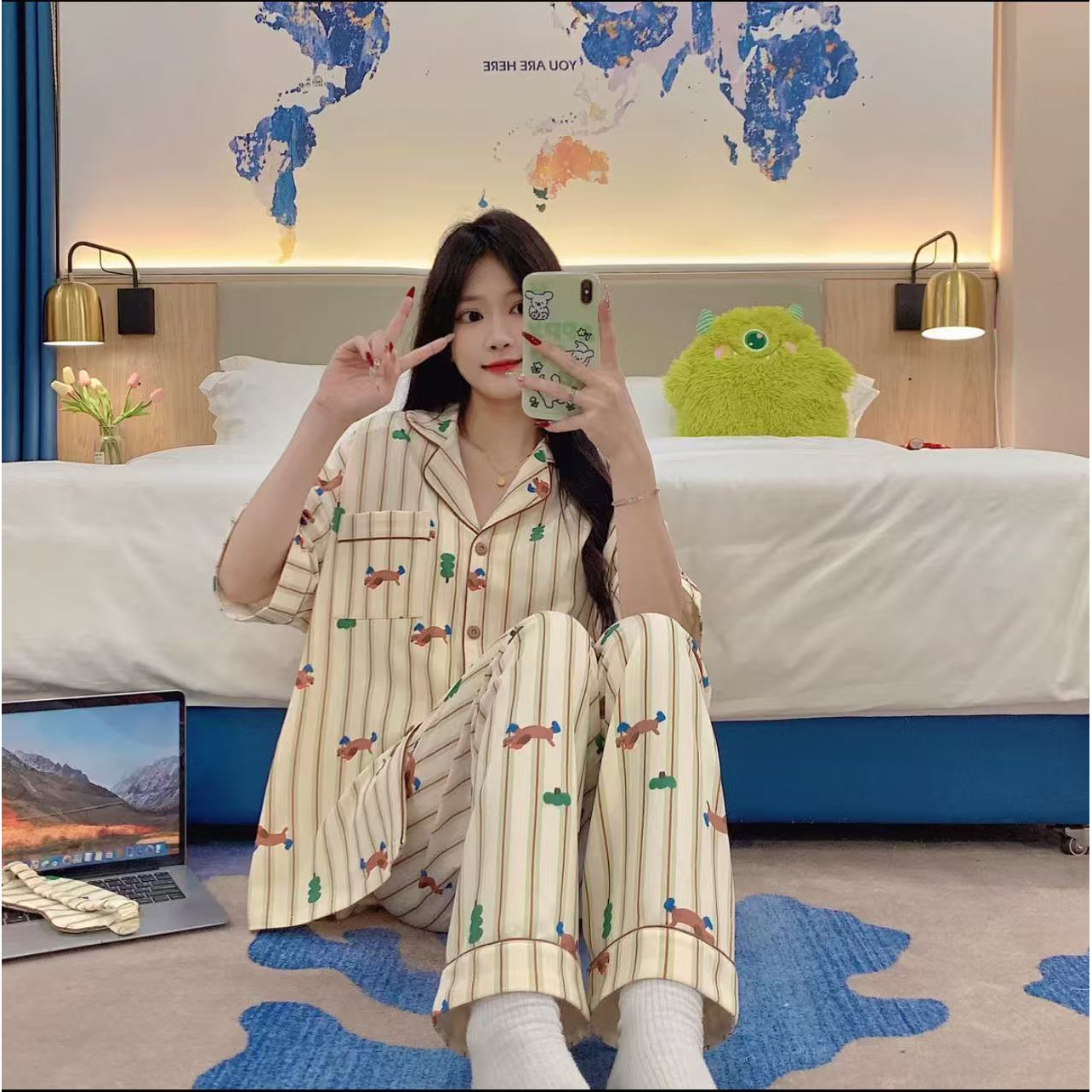 118-夏季新款卡通腊肠狗条纹开衫短袖长裤套装