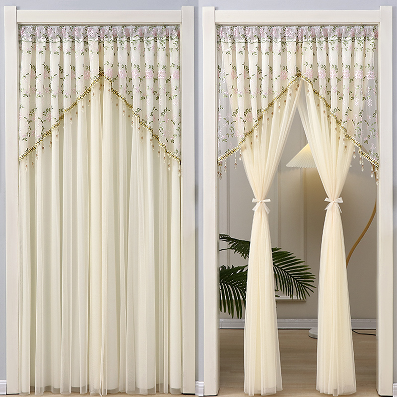 透光不透人纱帘法式复古蕾丝门帘隔断帘免打孔遮挡帘装饰挂帘防蚊