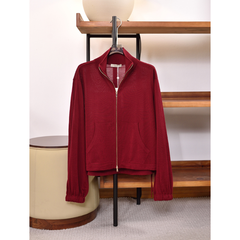 早秋新品 立领抽绳120S绵羊毛宽松拉链开衫