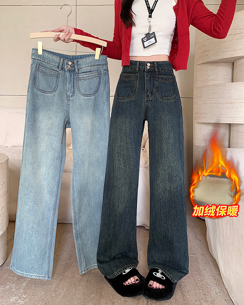 大码女秋冬季高腰加绒加厚保暖牛仔裤显瘦直筒阔腿裤65006+65552