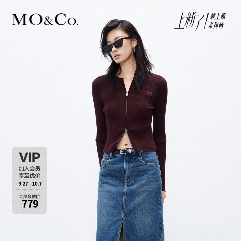MOCO秋字母刺绣双开头拉链修身针织开衫MBC3CARK02