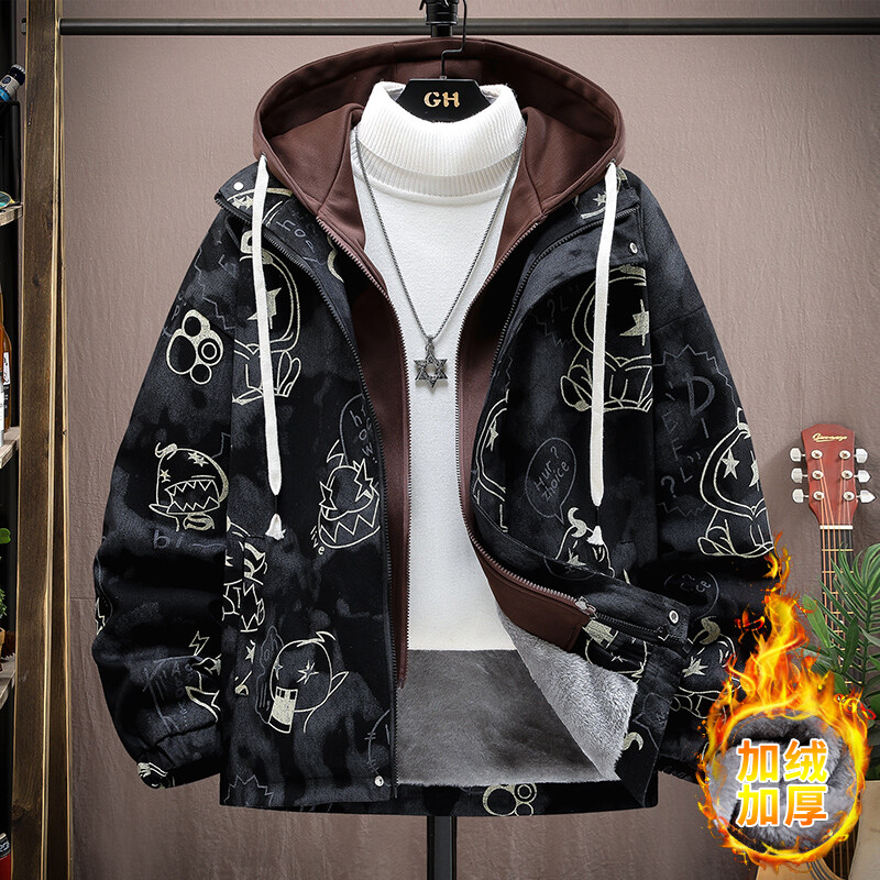 秋冬新款假两件外套潮休闲宽松加绒夹克男加厚帅气ins青少年潮流