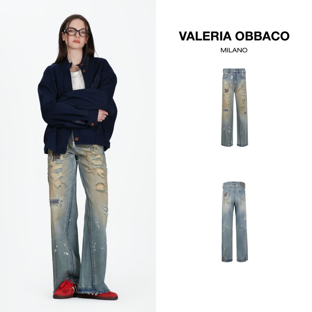 VALERIAOBBACO休闲直筒美式VO蓝色格纹补丁牛仔裤