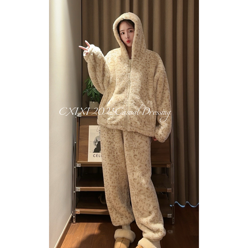 【陈禧禧】2025新款爆款套装立领保暖冬季家居服韩版豹纹睡衣女