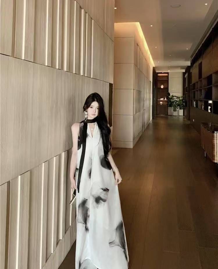 6893 显瘦气质无袖国风夏季连衣裙印花A字裙复古罗马风长裙裙子