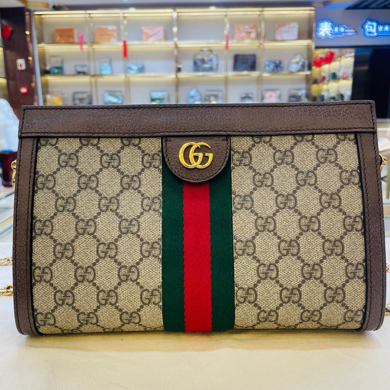 99新 GUCCI/古驰  古驰/Gucci  老花红绿条夹子链条包 