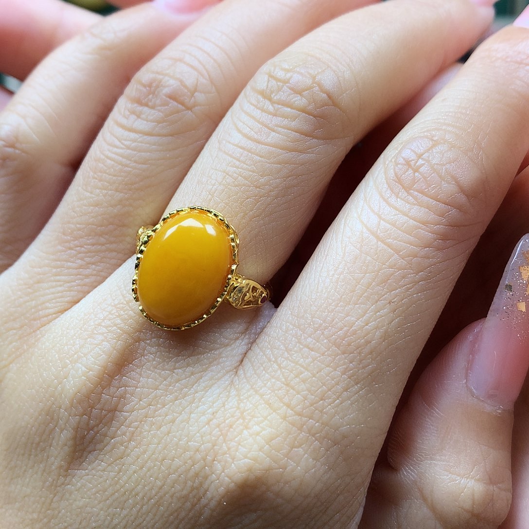 蜜蜡戒指银S925镶嵌戒指