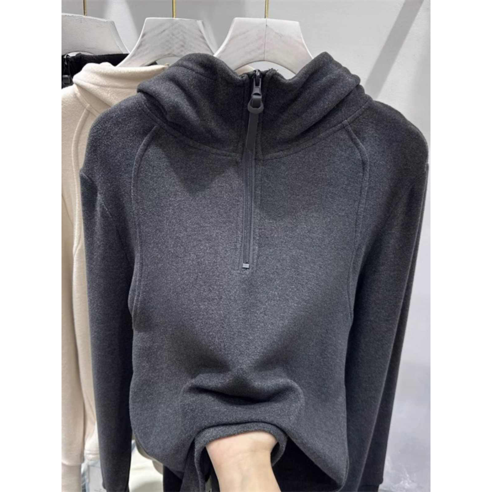 半拉链设计双面德绒连帽卫衣女秋冬保暖休闲打底衫T恤上衣帽衫潮