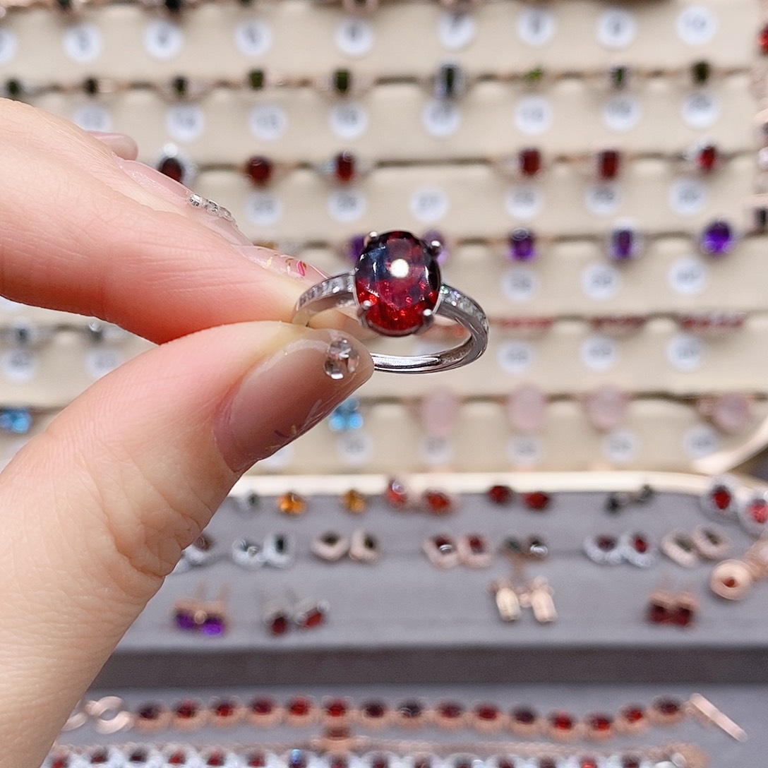 石榴石戒指银S925镶嵌戒指