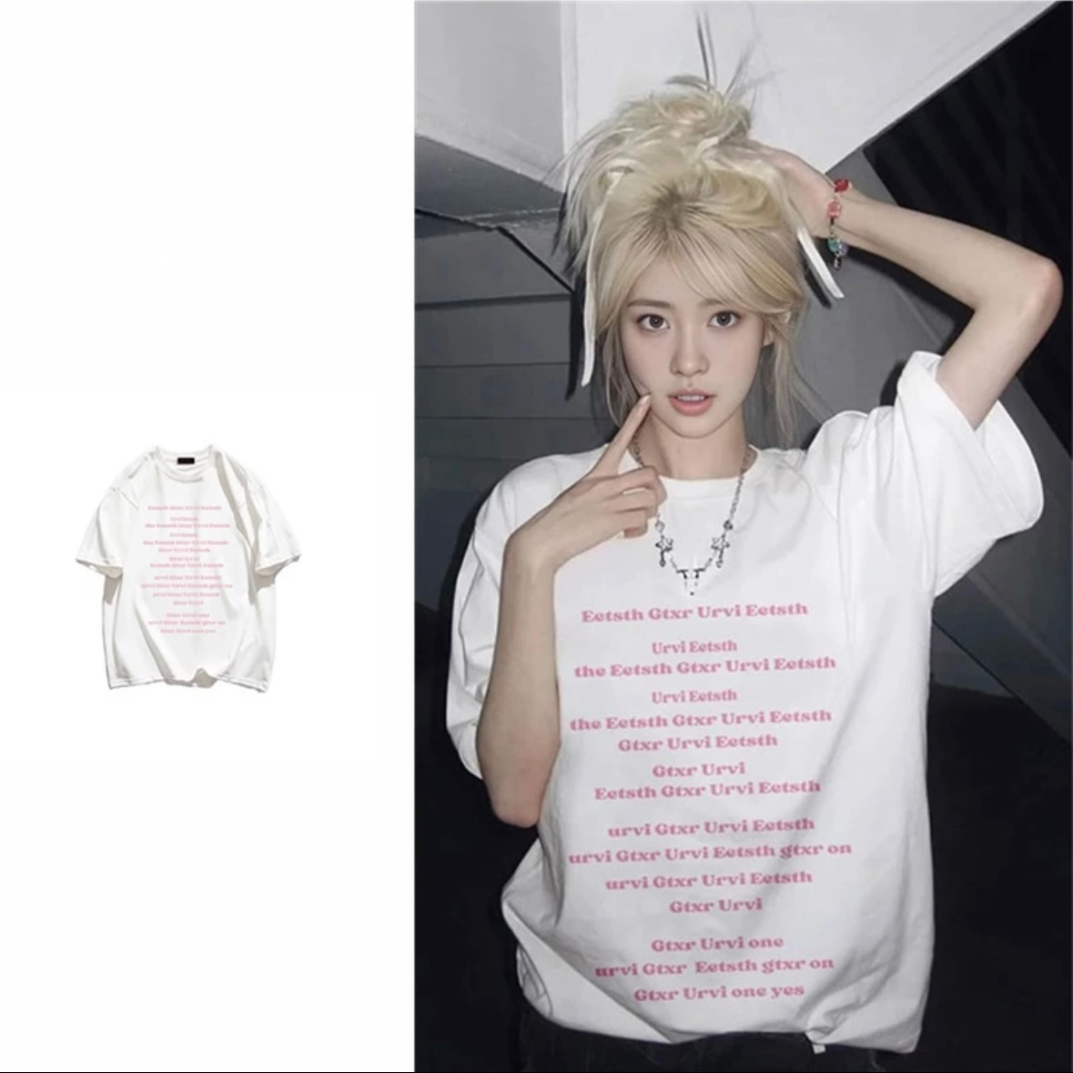 AZGO百搭宽松印花ins美式纯棉休闲小众学生圆领T恤（粉色字母）