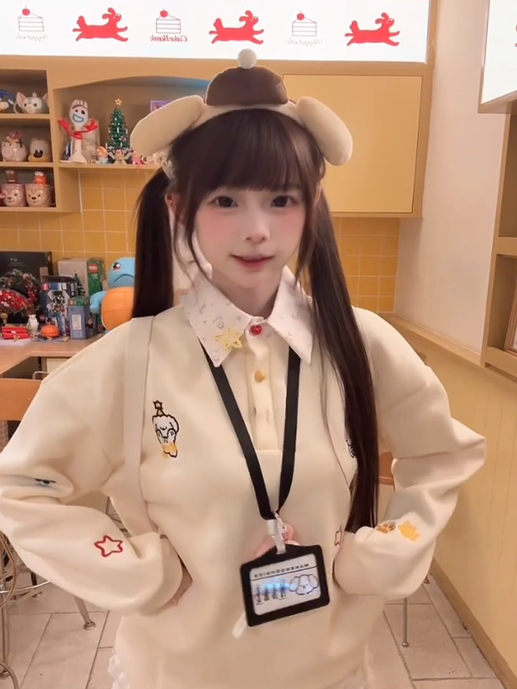 国潮学院风小狗刺绣POLO领卫衣女2025春秋新款宽松百搭长袖外套潮