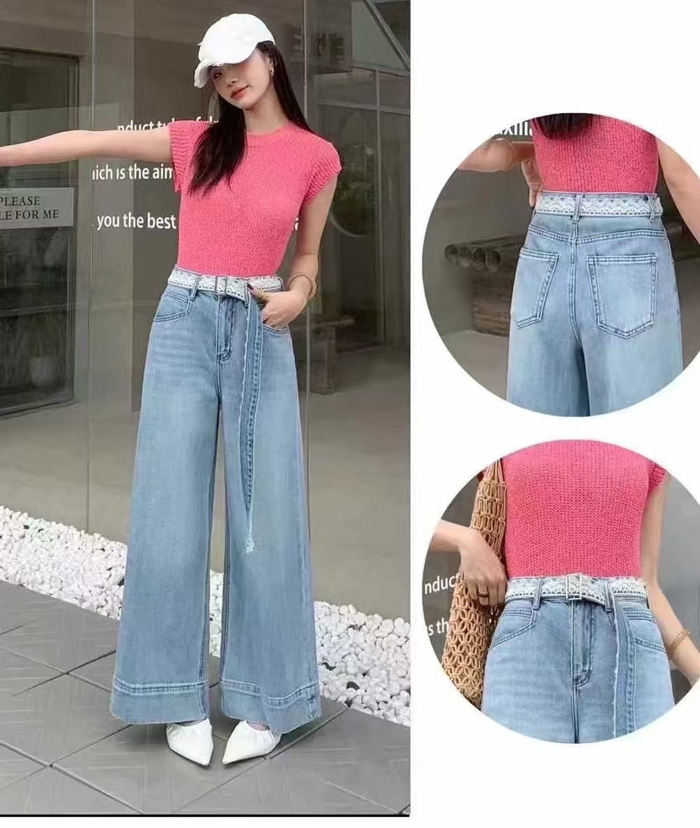 蕾丝腰带牛仔阔腿裤