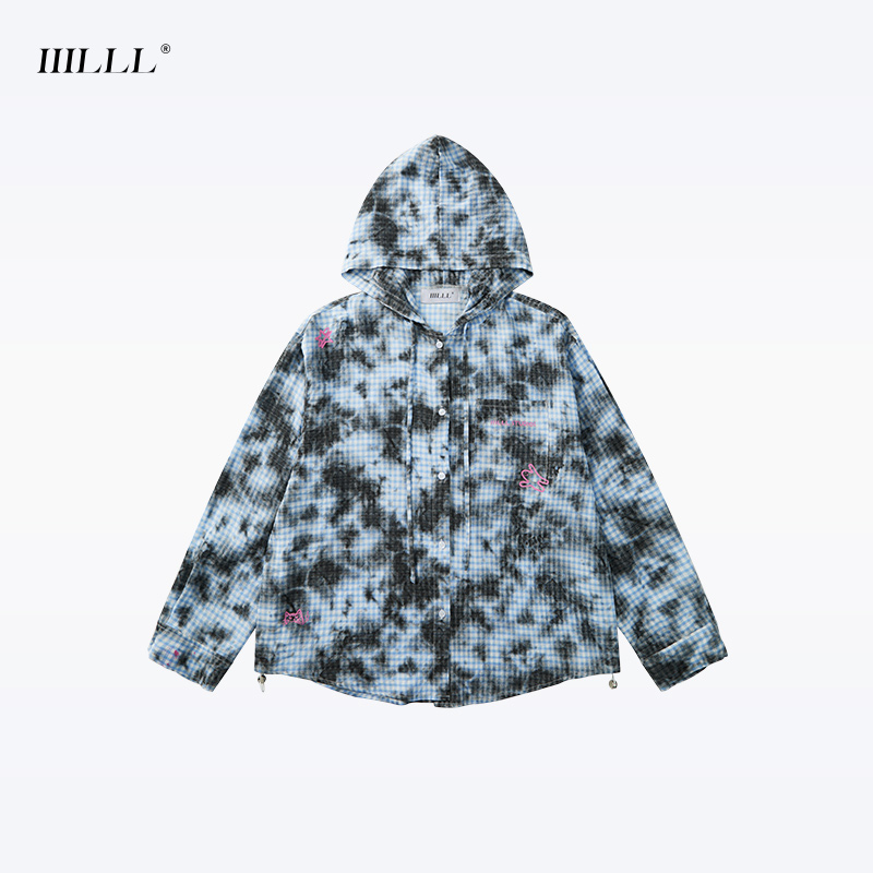 IIILLL童锦程连帽衬衫男女美式嘻哈手绘刺绣泼墨长袖格子防晒衬衣