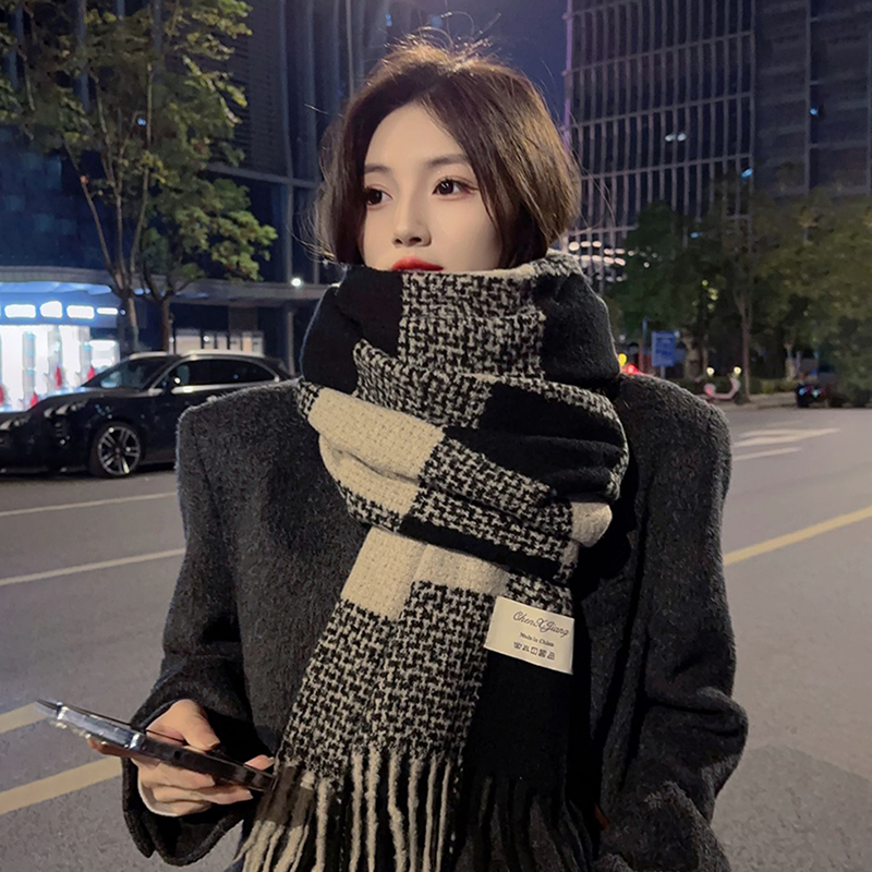 经典棋盘格纹围巾保暖羊绒极简风韩版保暖长款披肩秋冬季ins网红