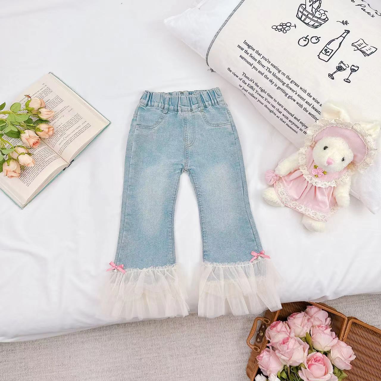 【Dannirabbit】新品韩版蝴蝶结网纱边女童牛仔裤 D-Z35