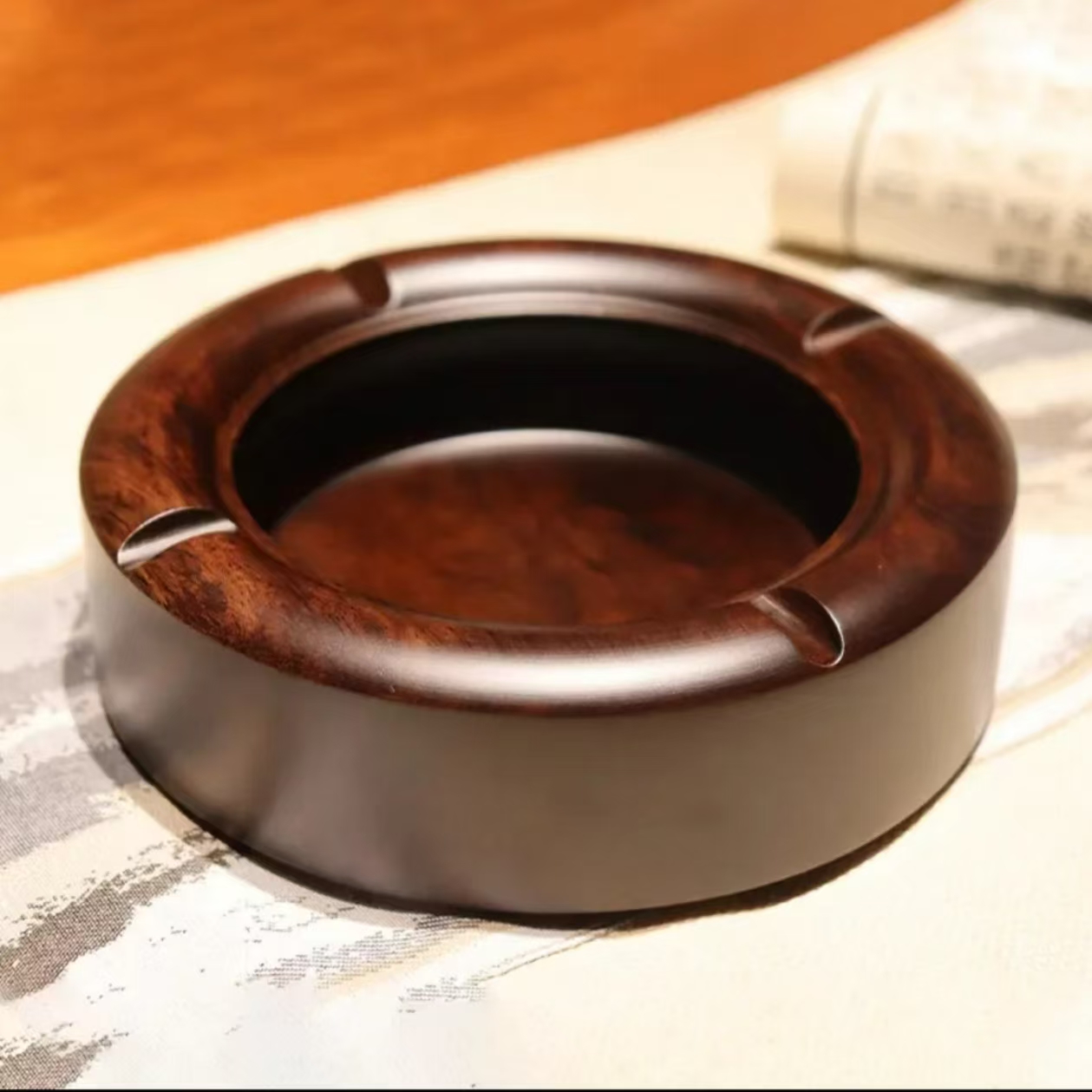 圆形古典款刚果花梨木烟灰缸加深防飞灰高端家用办公书房