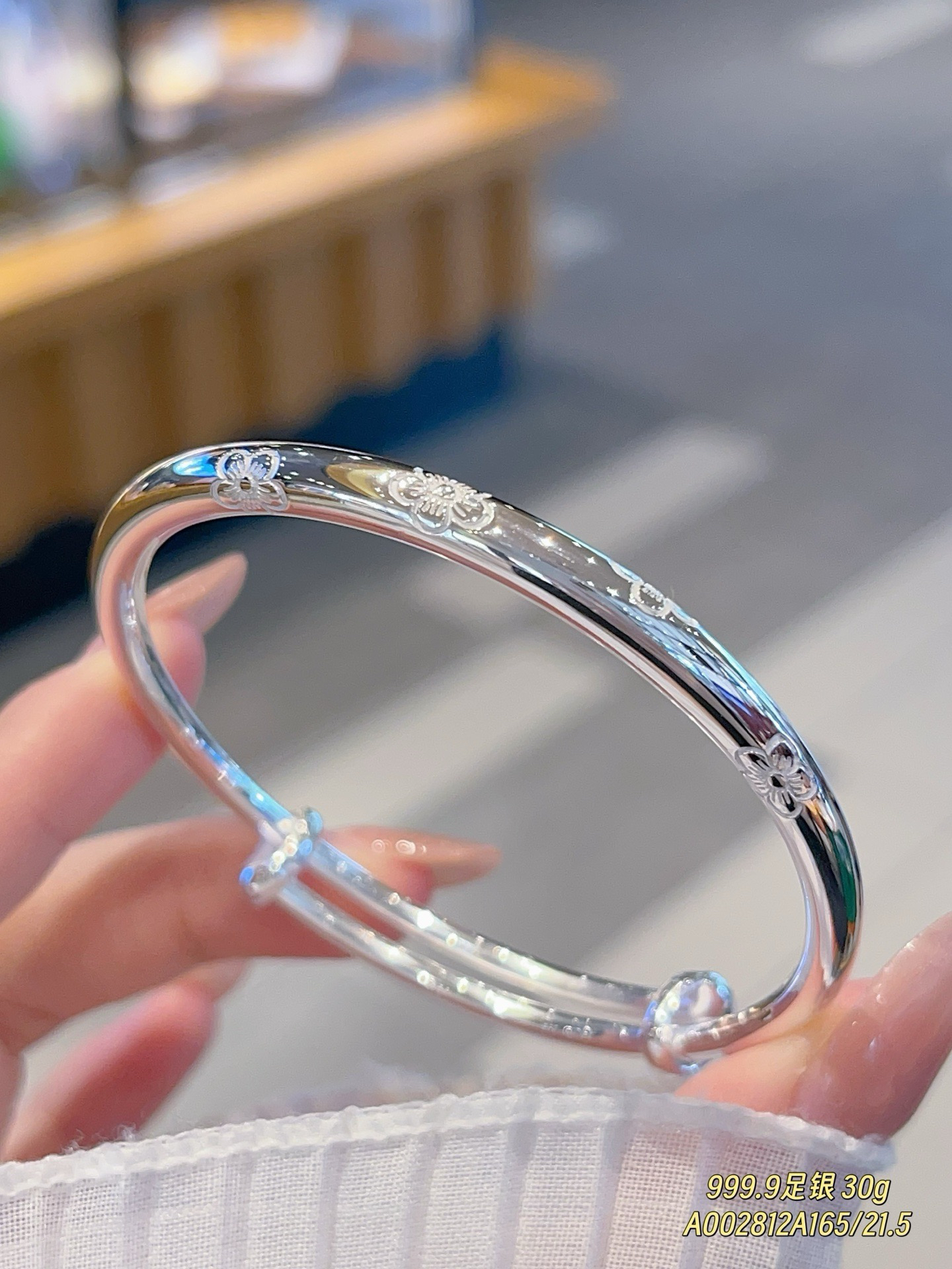 足银手镯 足银999.9桃花樱花亮面实心推拉纯银手镯送闺蜜女友礼物