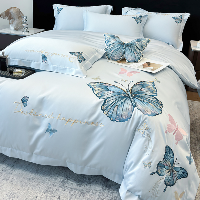 轻奢全棉长绒棉刺绣四件套纯棉高档床单床笠100%棉被罩床上用品